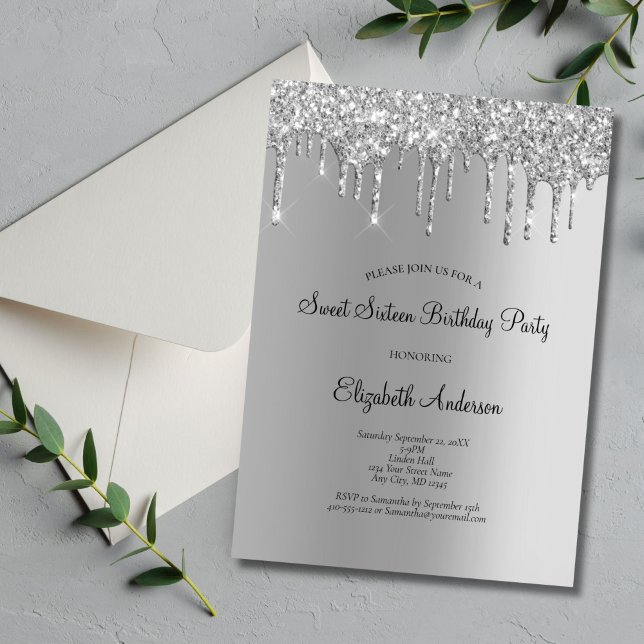 Silver Glitter Drip Glam Sweet 16 Birthday  Invitation (Silver Dripping Glitter Sweet Sixteen Birthday Party Invitation. Printed or Digital Download)