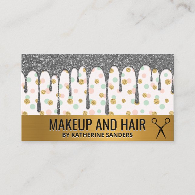 Silver Glitter Drip / Gold Polka Dot Pattern Business Card (Front)