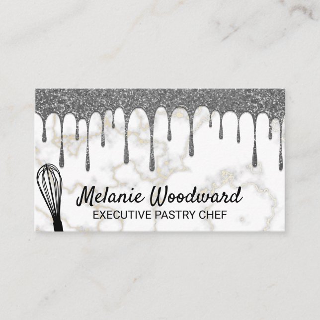 Silver Glitter Drip | Marble and Whisk Business Card (Front)