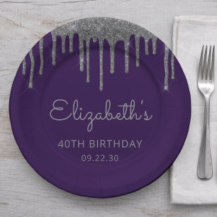 Silver Glitter Drip Purple 40th Birthday Party Paper Plate