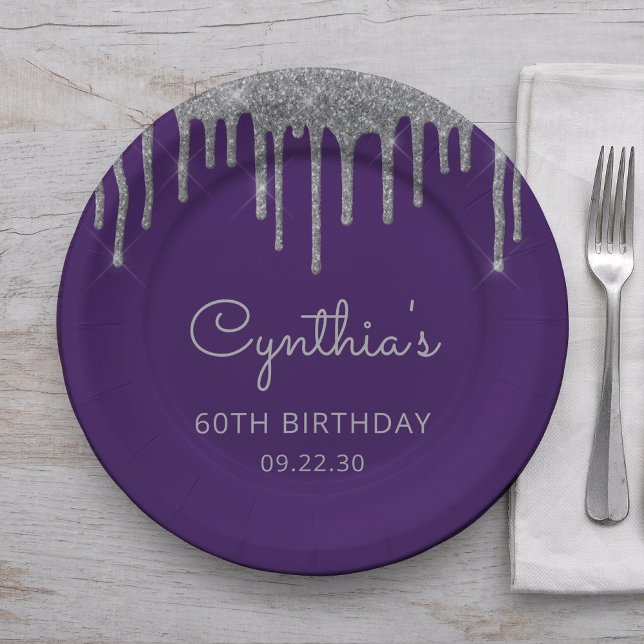 Silver Glitter Drip Purple 60th Birthday Party Paper Plate (Creator Uploaded)