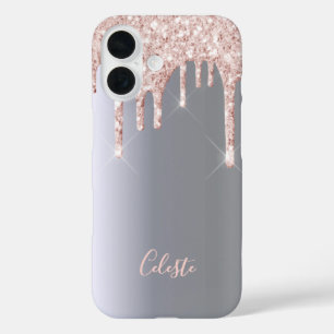 Silver glitter drip rose gold pink name iPhone 16 case