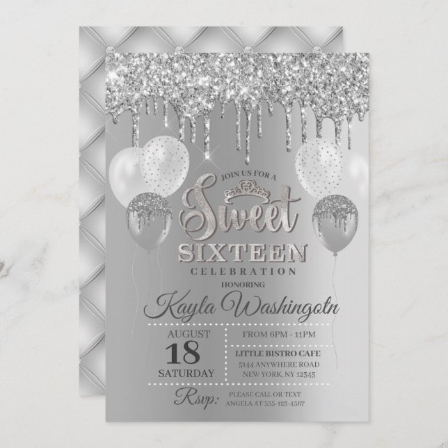 Silver Glitter Drip Sweet Sixteen Birthday  Invitation (Front/Back)