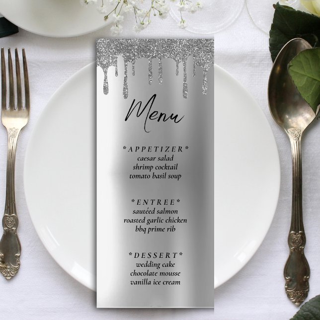 Silver Glitter Drip Wedding Reception Menu (Silver Glitter Drip Wedding Reception Menu)