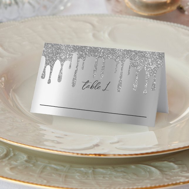 Silver Glitter Drip Wedding Reception Place Card (Silver Glitter Drip Wedding Reception Place Card)