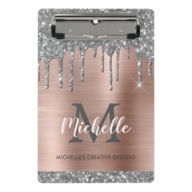 Silver Glitter Dripping Rose Gold Monogram  Mini Clipboard (Front)
