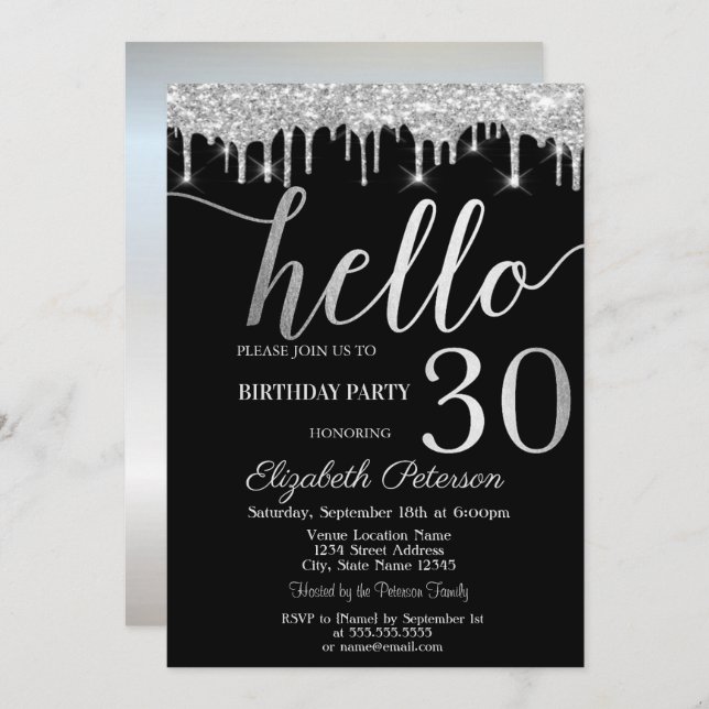 Silver Glitter Drips 30th Birthday Party  Invitation (Front/Back)