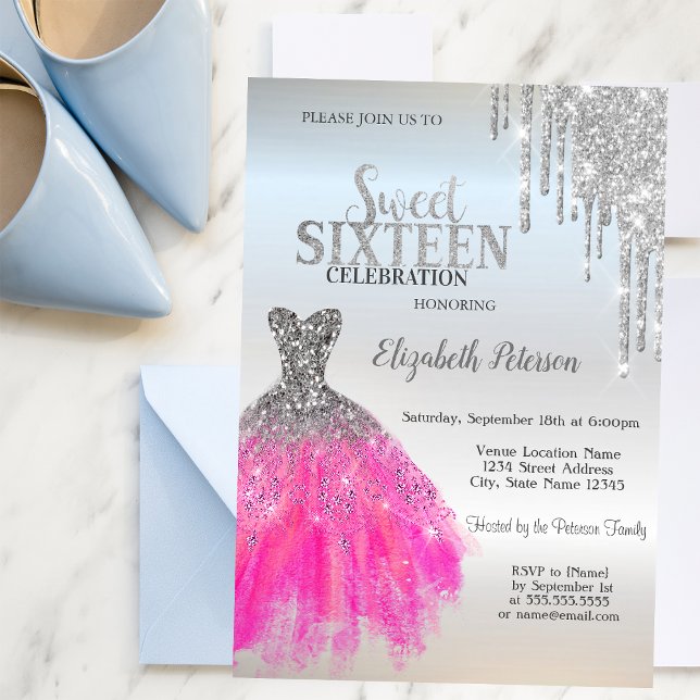 Silver Glitter Drips,Adorable Dress Sweet 16 Invitation (Creator Uploaded)