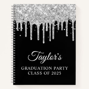 Silver Glitter Drips and Black Graduation Guest Notebook