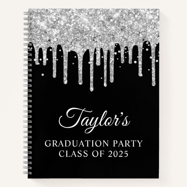 Silver Glitter Drips and Black Graduation Guest Notebook (Front)