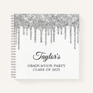 Silver Glitter Drips and White Graduation Guest Notebook