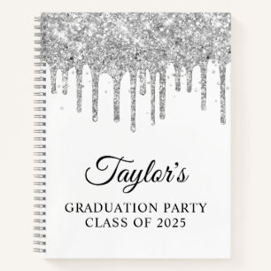 Silver Glitter Drips and White Graduation Guest Notebook