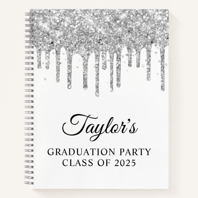 Silver Glitter Drips and White Graduation Guest Notebook (Front)