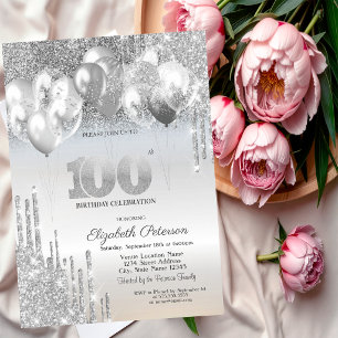 Silver Glitter Drips Balloons 100th Birthday Invitation