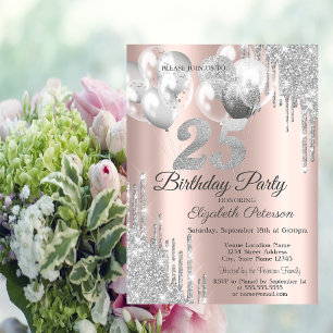 Silver Glitter Drips Balloons 25th Birthday  Invitation
