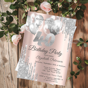 Silver Glitter Drips Balloons 40th Birthday Invitation