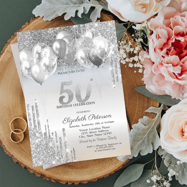  Silver Glitter Drips Balloons 50th Birthday Invitation (Creator Uploaded)