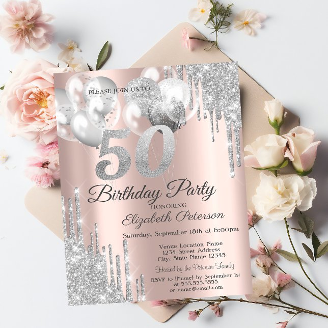 Silver Glitter Drips Balloons 50th Birthday Party Invitation (Creator Uploaded)