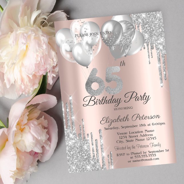 Silver Glitter Drips Balloons 65th Birthday  Invitation (Creator Uploaded)