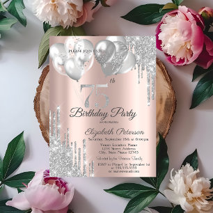 Silver Glitter Drips Balloons 75th Birthday  Invitation