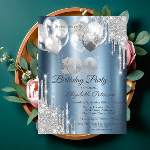 Silver Glitter Drips Balloons Blue Metallic 100th  Invitation