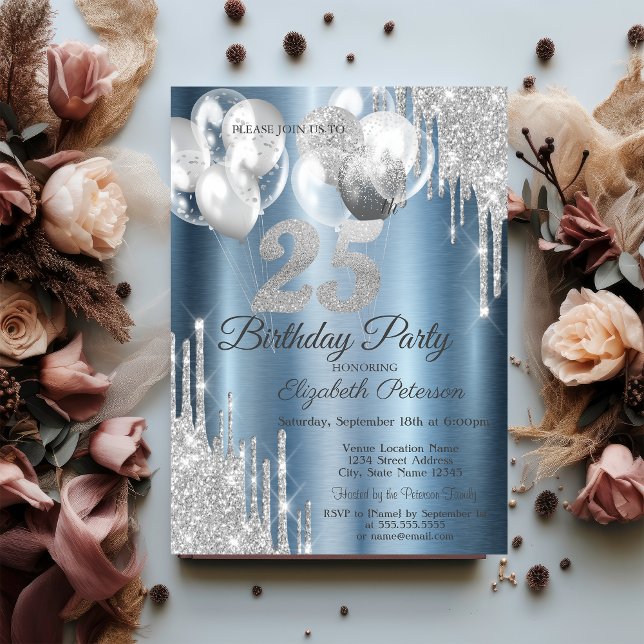 Silver Glitter Drips Balloons Blue Metallic 25th  Invitation (Creator Uploaded)
