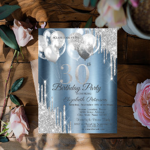 Silver Glitter Drips Balloons Blue Metallic 30th Invitation