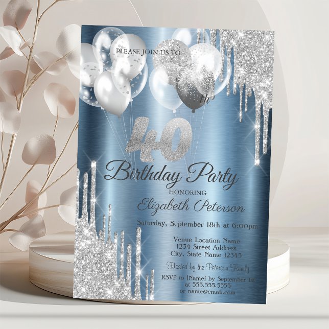 Silver Glitter Drips Balloons Blue Metallic 40th  Invitation (Creator Uploaded)