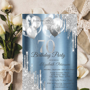 Silver Glitter Drips Balloons Blue Metallic 70th  Invitation