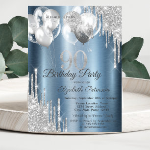Silver Glitter Drips Balloons Blue Metallic 90th  Invitation