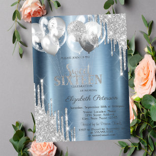 Silver Glitter Drips Balloons Blue Sweet 16 Invitation