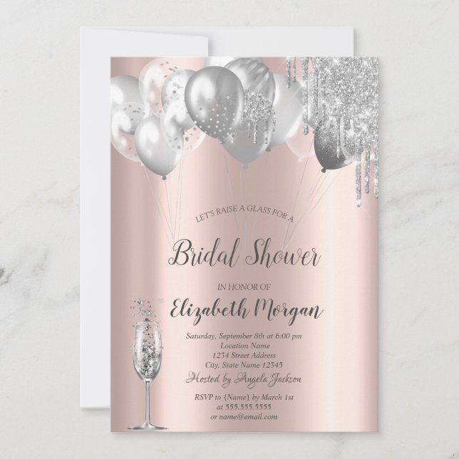 Silver Glitter Drips Balloons Bridal Shower Invitation (Front)