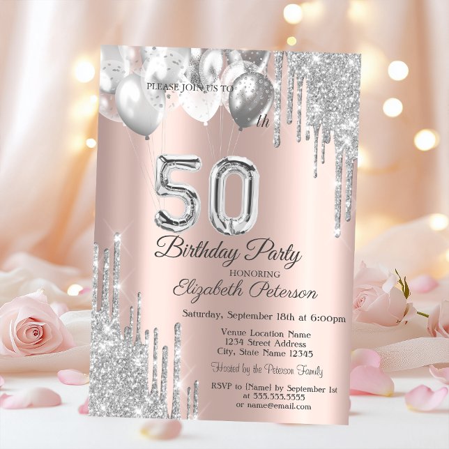 Silver Glitter Drips Balloons Rose Gold 50th Invitation (Creator Uploaded)