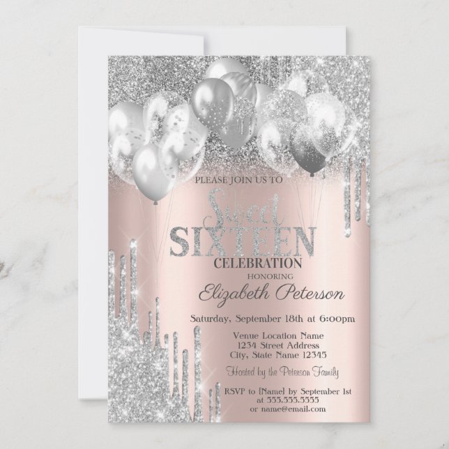  Silver Glitter Drips Balloons Rose Gold  Sweet 16 Invitation (Front)
