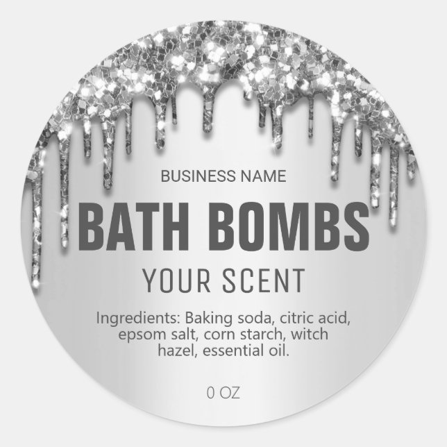 Silver Glitter Drips Bath Bomb Soak Labels (Front)