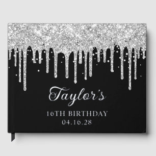 Silver Glitter Drips Black 16th Birthday Guest Book