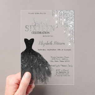 Silver Glitter Drips,Black Dres Sweet 16 Acrylic Invitations