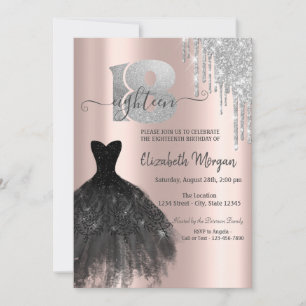 Silver Glitter Drips Black Dress 18th Birthday Invitation