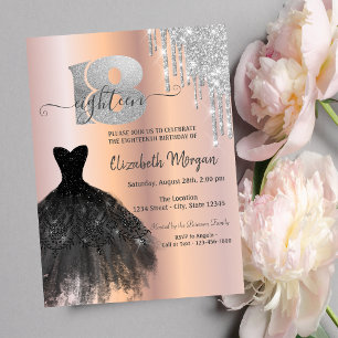Silver Glitter Drips Black Dress 18th Birthday Invitation