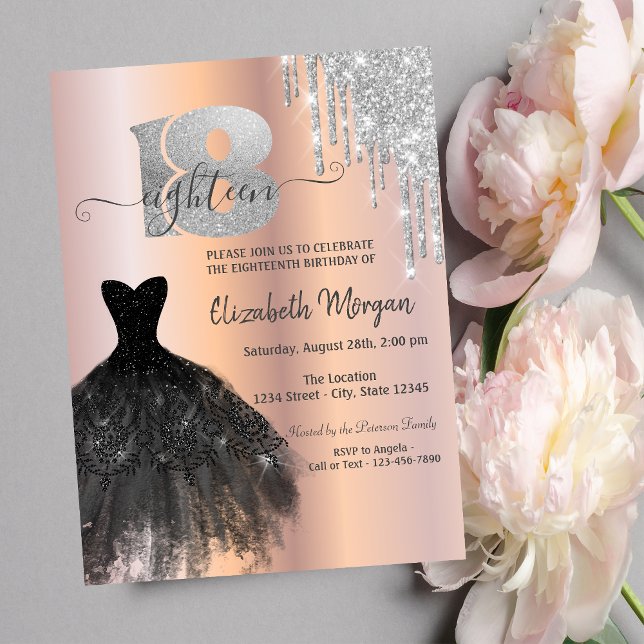 Silver Glitter Drips Black Dress 18th Birthday Invitation (Creator Uploaded)