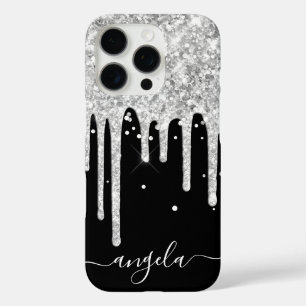 Silver Glitter Drips Black Glam Signature iPhone 16 Pro Case