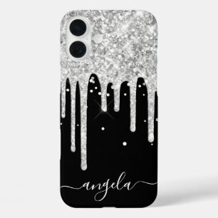 Silver Glitter Drips Black Glam Signature iPhone 16 Plus Case