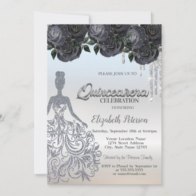 Silver Glitter Drips Black Roses Sweet 16 Invitation (Front)