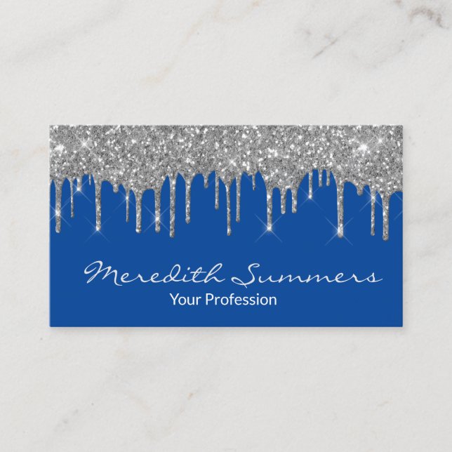 Silver Glitter Drips Blue  Customise Glitter Business Card (Front)