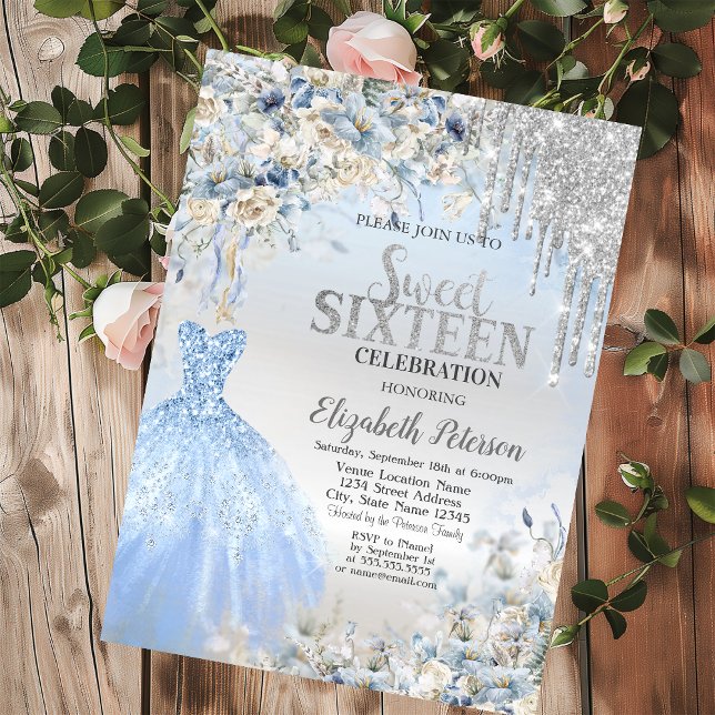 Silver Glitter Drips,Blue Dress Flowers Sweet 16 Invitation (Creator Uploaded)
