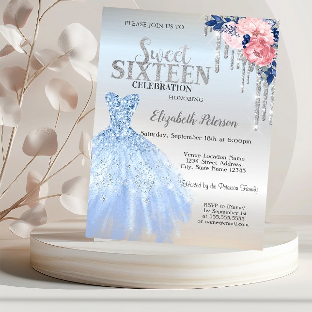 Silver Glitter Drips,Blue Dress Flowers Sweet 16   Invitation (Creator Uploaded)