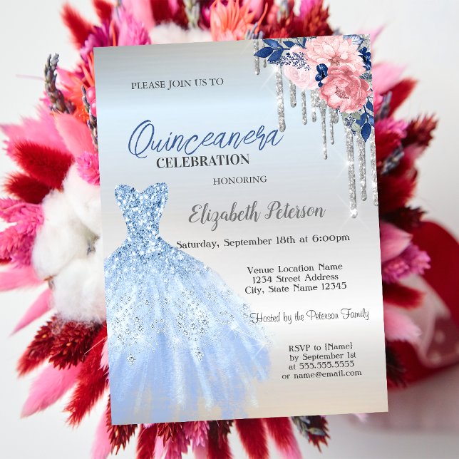 Silver Glitter Drips,Blue Dress Roses Quinceanera Invitation (Creator Uploaded)