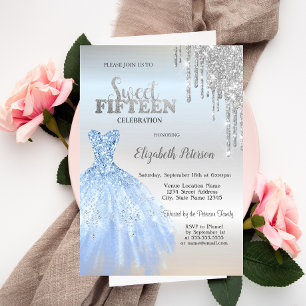 Silver Glitter Drips,Blue Dress Silver Sweet 15  Invitation
