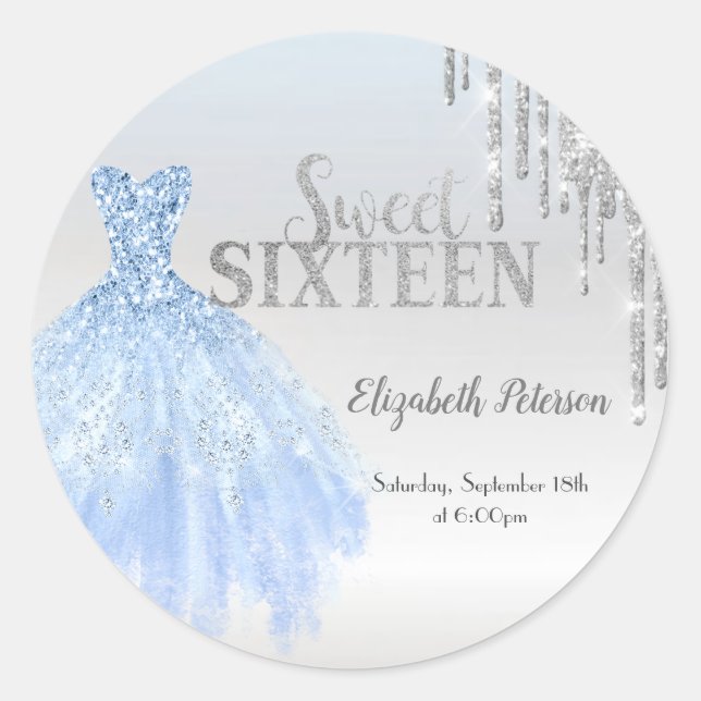 Silver Glitter Drips,Blue Dress Silver Sweet 16  Classic Round Sticker (Front)