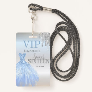 Silver Glitter Drips,Blue Dress Silver Sweet 16 ID Badge